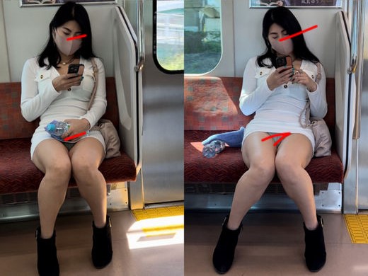 痴女　電車対面パンチラ