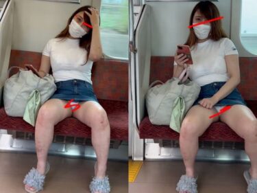 デニムのタイトミニスカのムチムチ熟女のパンチラを電車で発見！すけすけのブラがエロすぎる