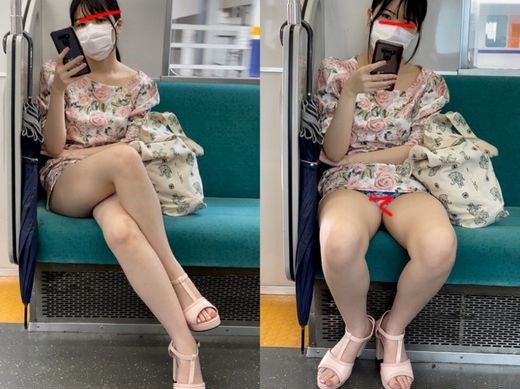 お姉さん　電車対面パンチラ